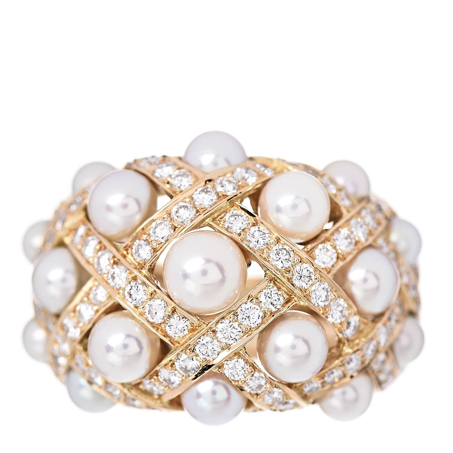 Chanel 18K Yellow Gold Diamond Akoya Pearl Baroque Matelasse Ring 52 6 1 of 5
