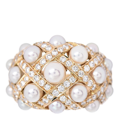 Chanel 18K Yellow Gold Diamond Akoya Pearl Baroque Matelasse Ring 52 6 1 of 5