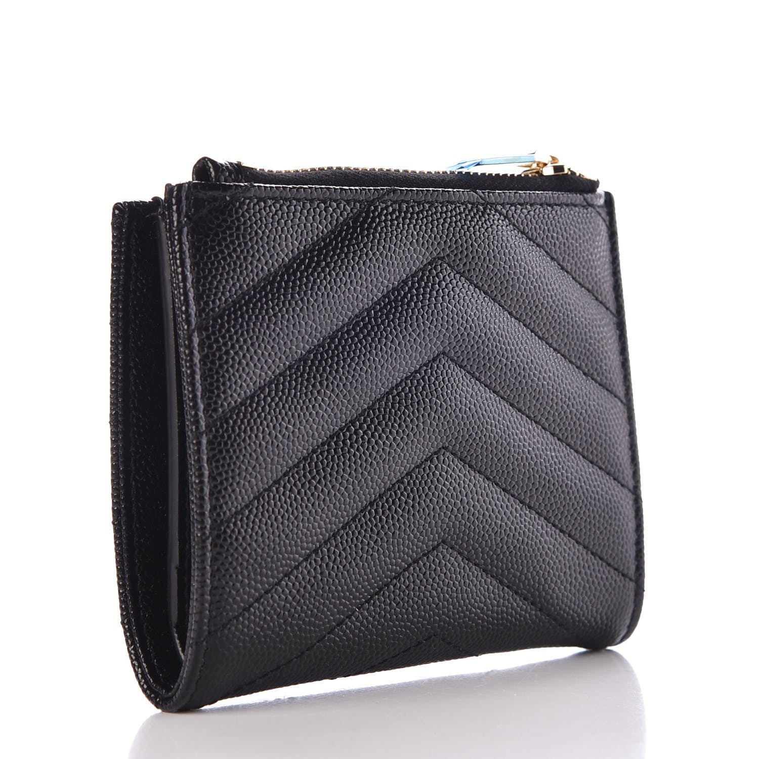 Saint Laurent Grain De Poudre Matelasse Chevron Monogram Zipped Card Case Black 3 of 7