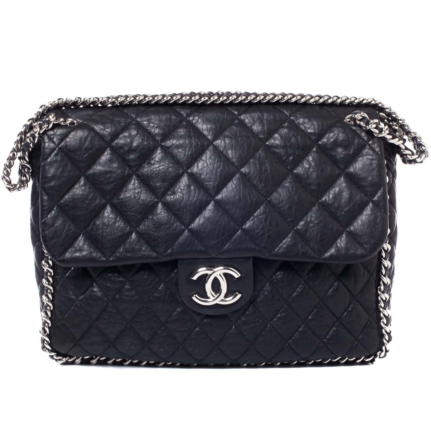 Washed Lambskin Chain Around Maxi Flap Bag Black