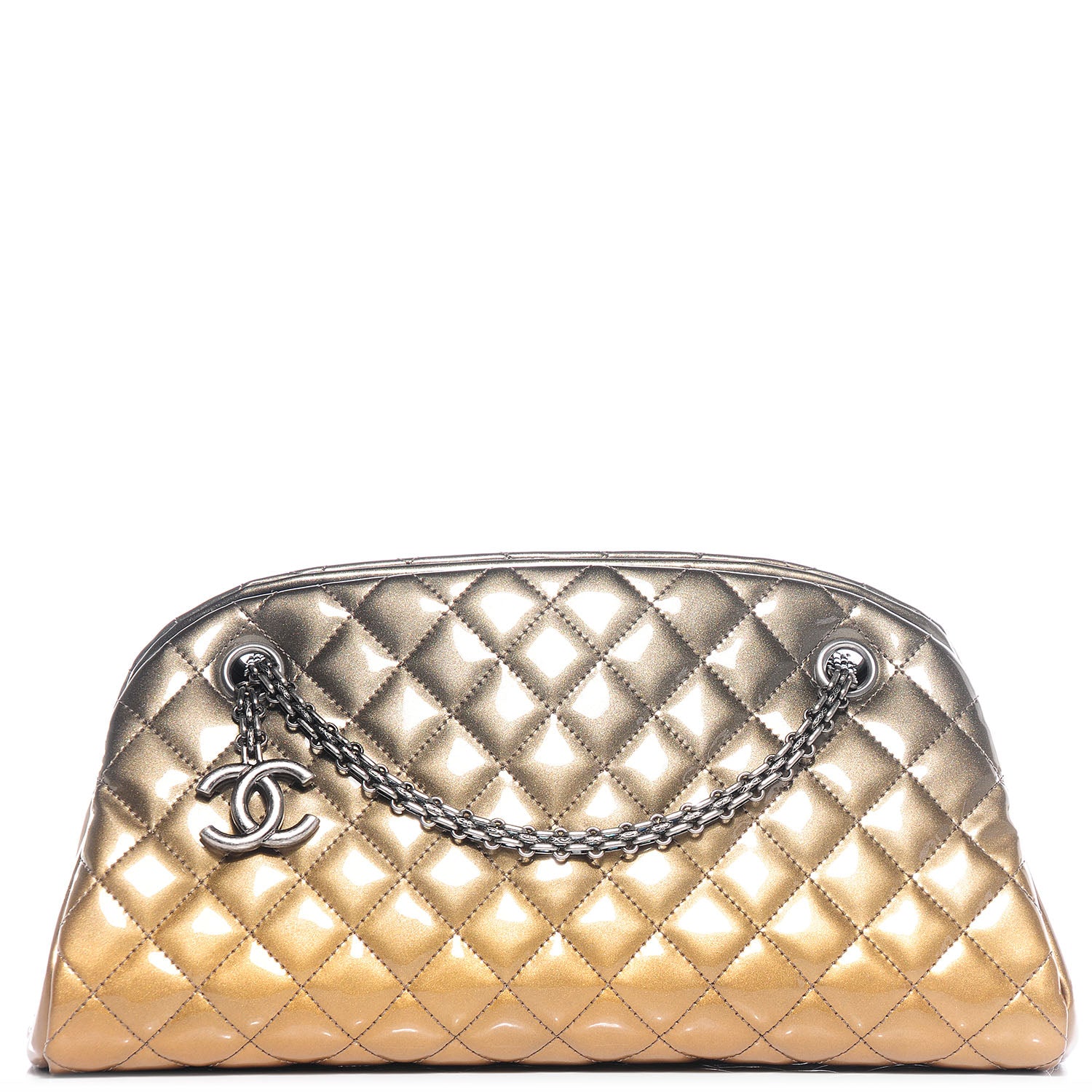 Chanel Metallic Patent Quilted Medium Just Mademoiselle Bowling Bag Gold Degrade 1 of 7