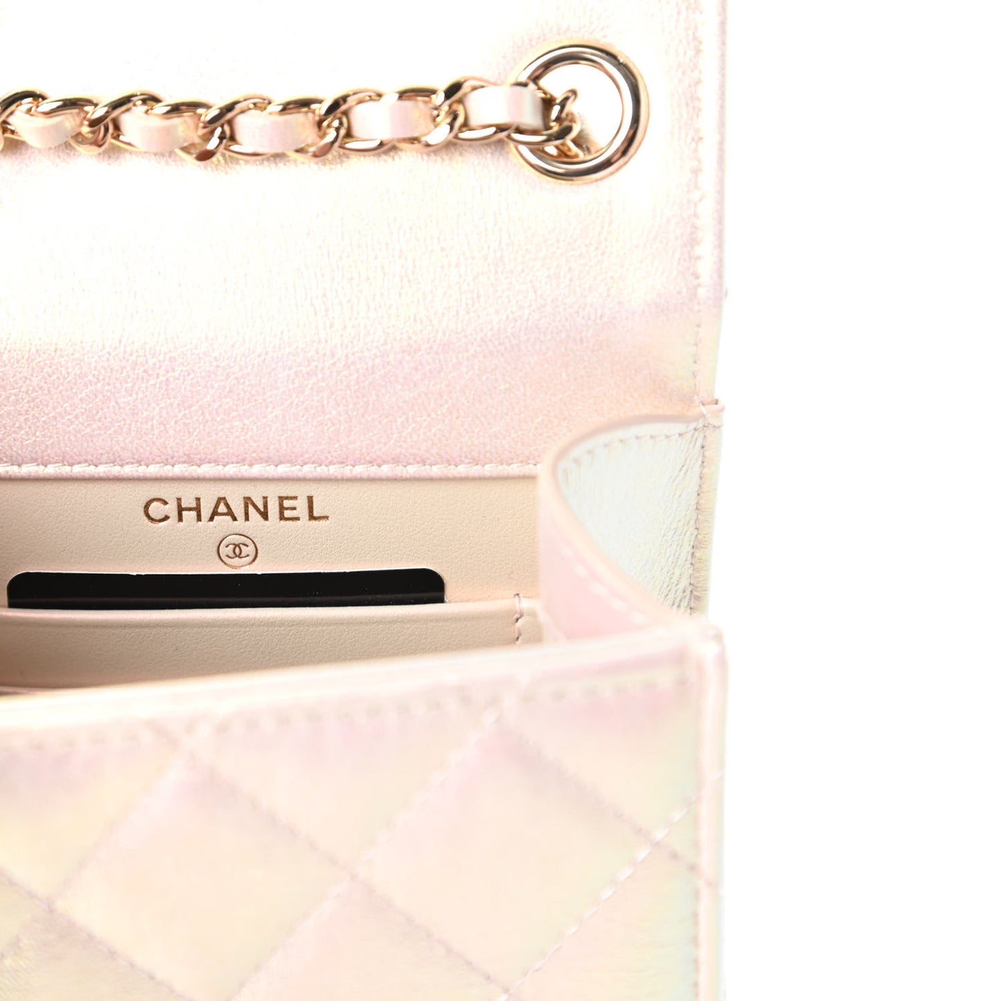 Iridescent Lambskin Quilted CC Phone Holder Ivory