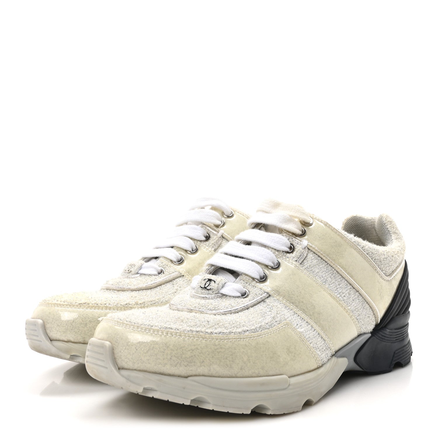 Chanel Iridescent Terry Cloth PVC Calfskin Sneakers 38.5 Silver 5 of 10