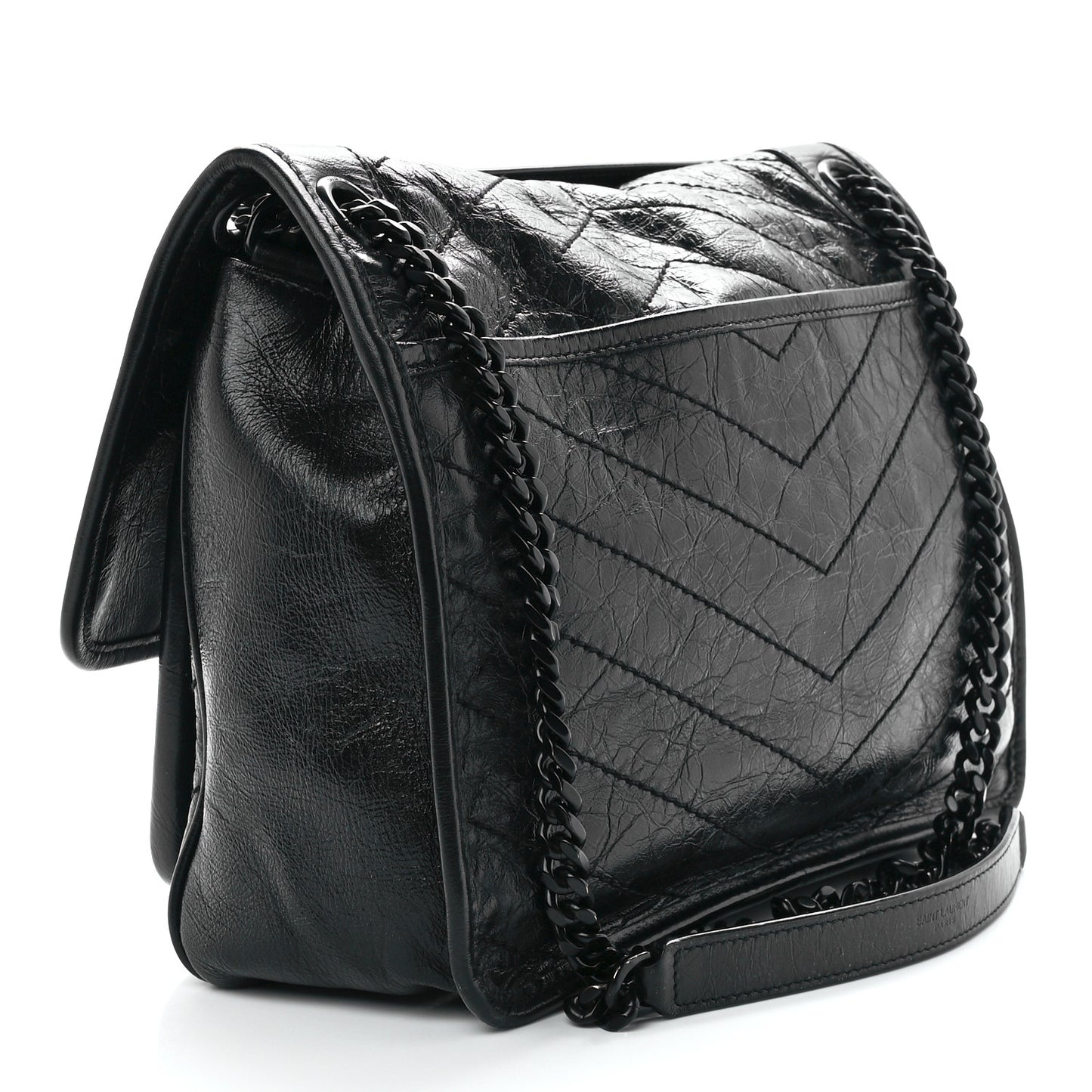 Crinkled Calfskin Matelasse Monogram Medium Niki Chain Satchel Black