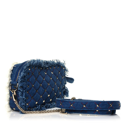 Valentino Garavani Denim Fringe Rockstud Spike Camera Crossbody Bag Blue 2 of 4