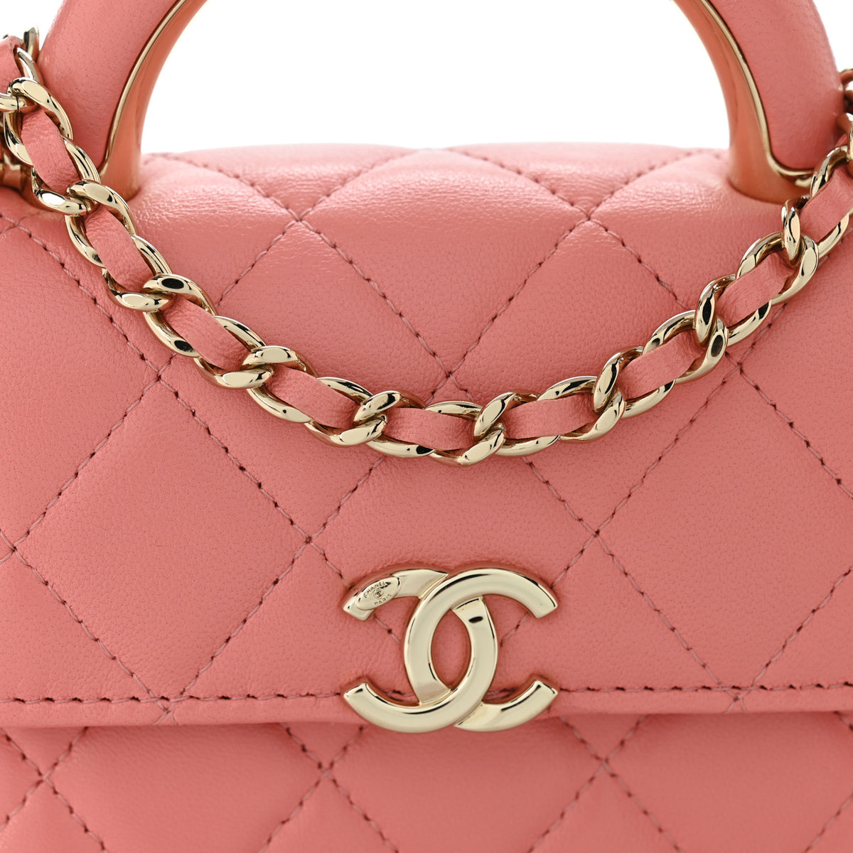 Lambskin Quilted Top Handle Flap Clutch With Chain Pink