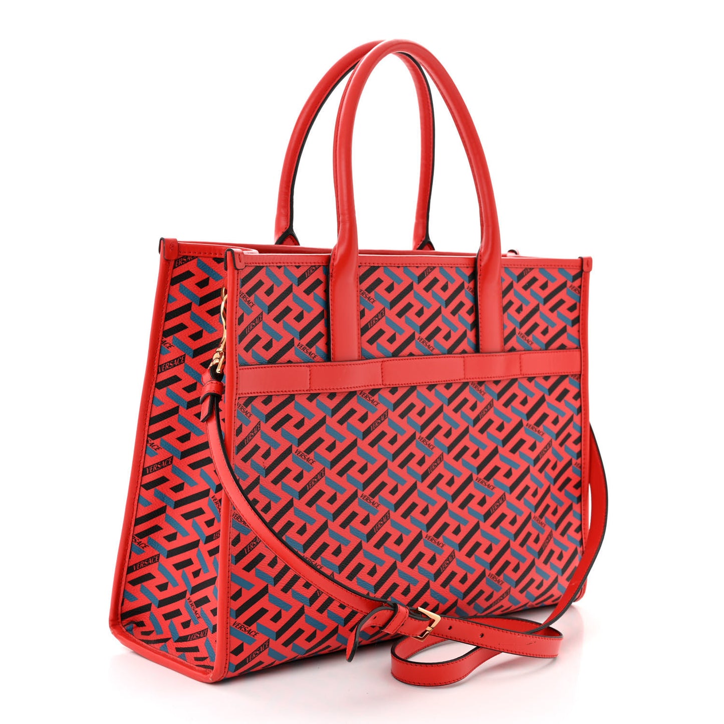 Coated Canvas Calfskin La Greca Signature Tote Bag Blue Red