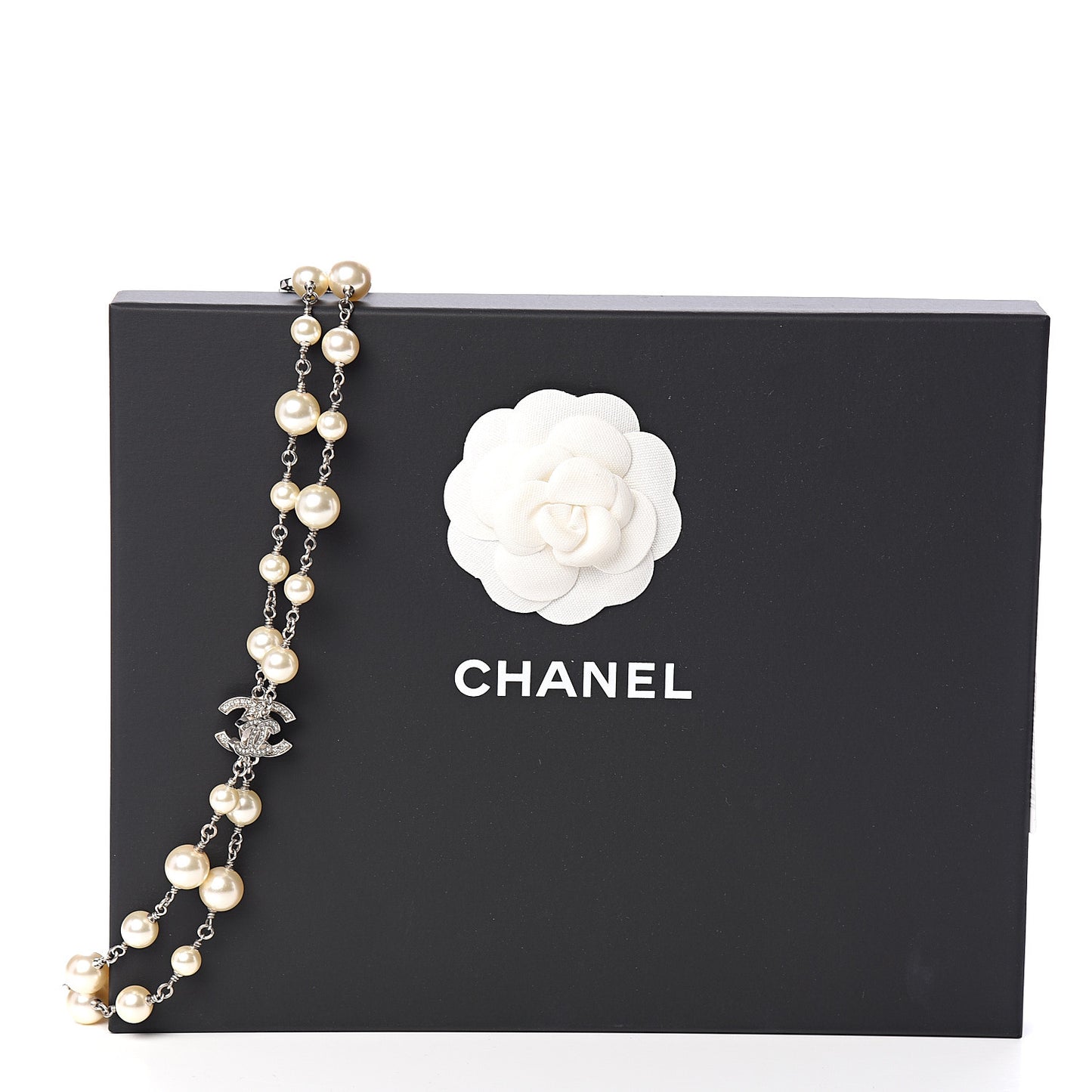 Crystal Pearl CC Long Necklace Silver
