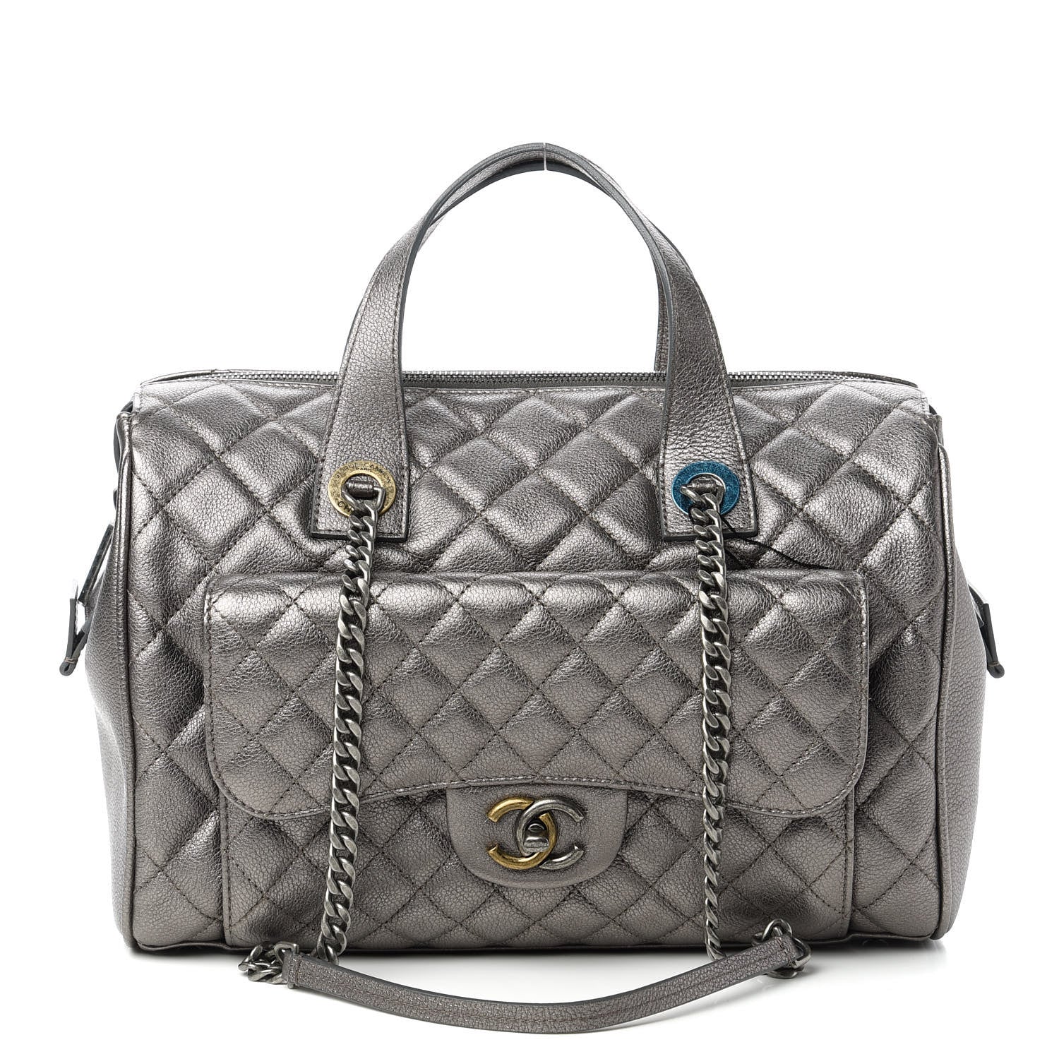 Chanel Metallic Grained Calfskin Quilted Large Casual Pocket Bowling Bag Silver 1 of 12
