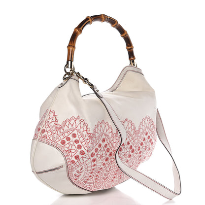 Gucci Canvas Embroidered Peggy Bamboo Top Handle Hobo White 3 of 9