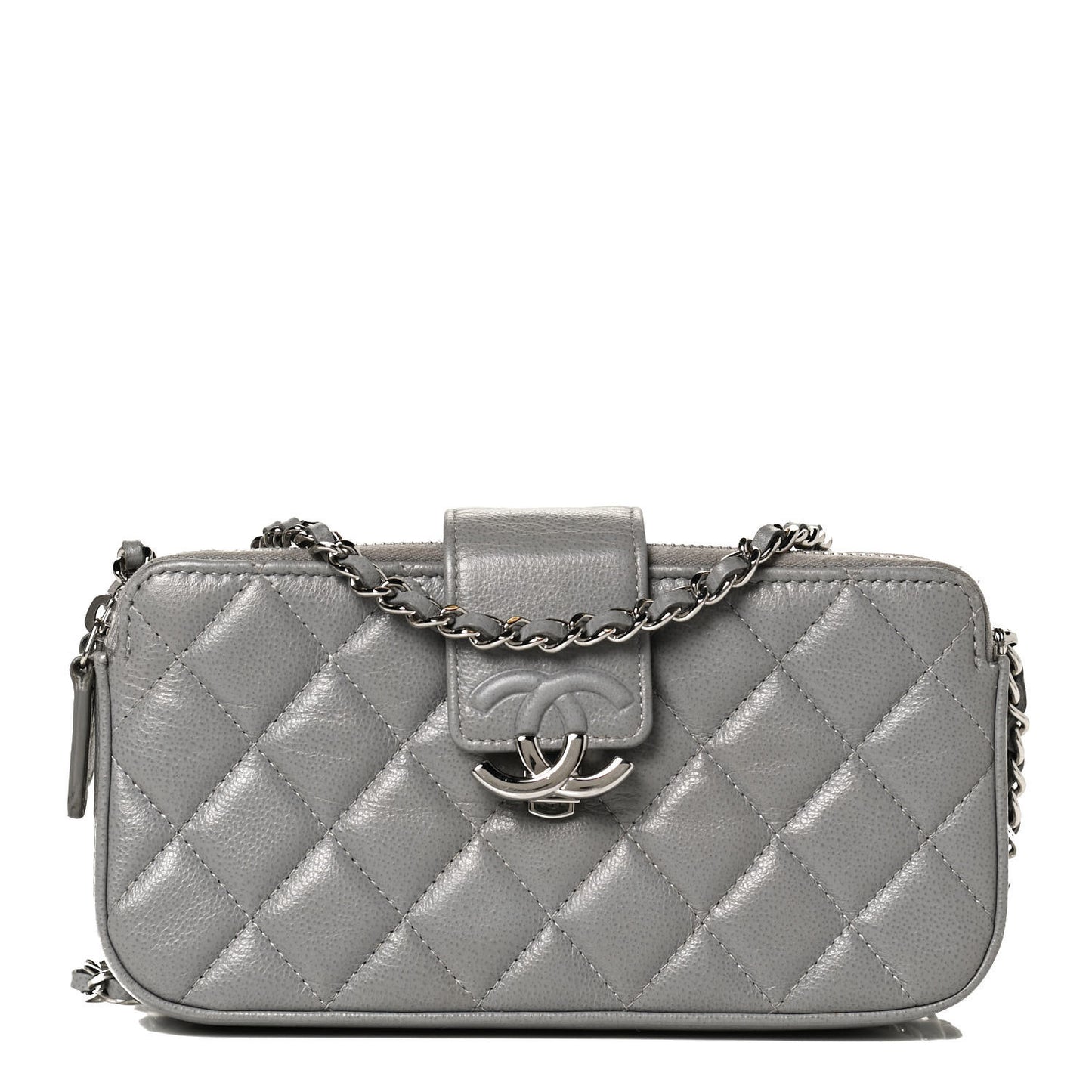 Grained Calfskin Quilted CC Box Clutch With Chain Grey