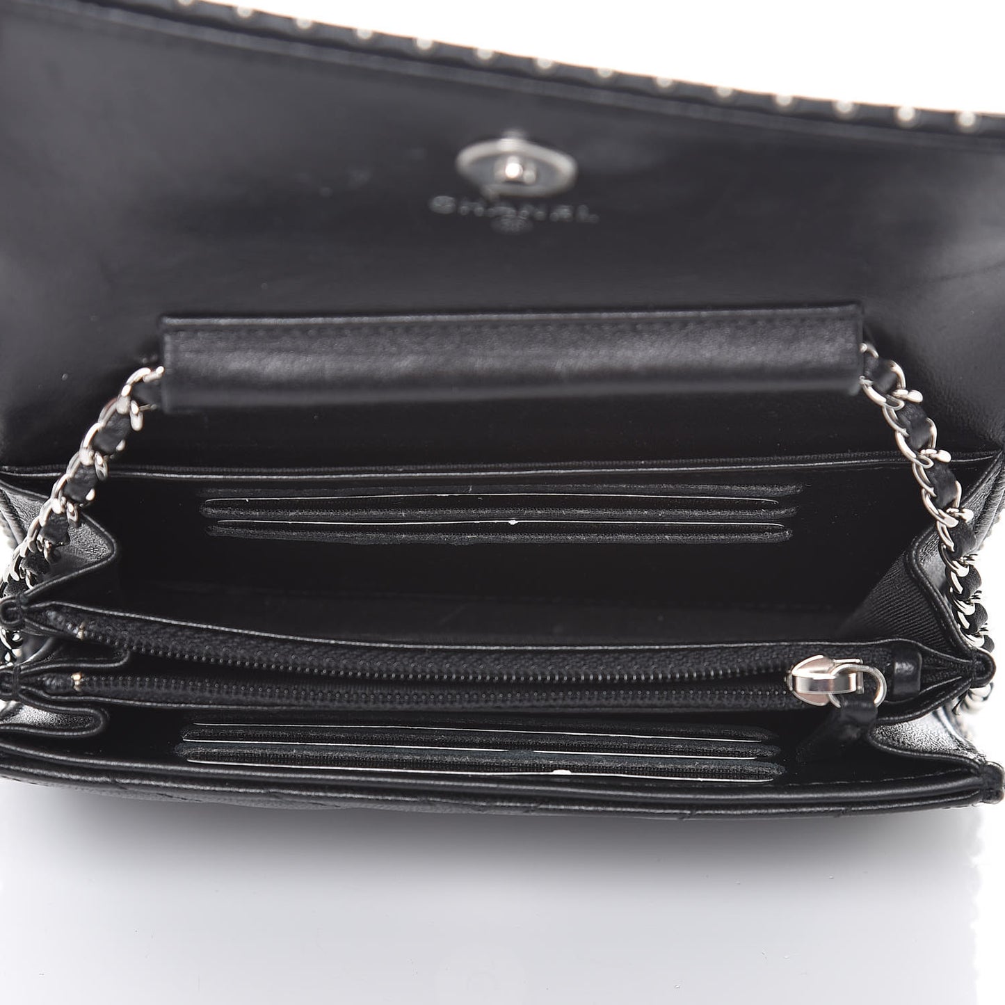 Lambskin Chevron Quilted Studded Clutch With Chain WOC Black