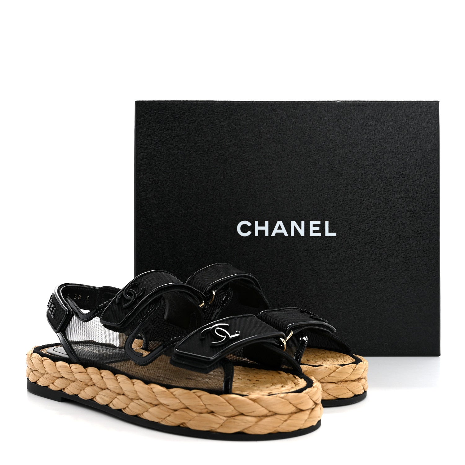 Chanel Mesh Patent Calfskin Velcro Dad Sandals 38 Black 10 of 10