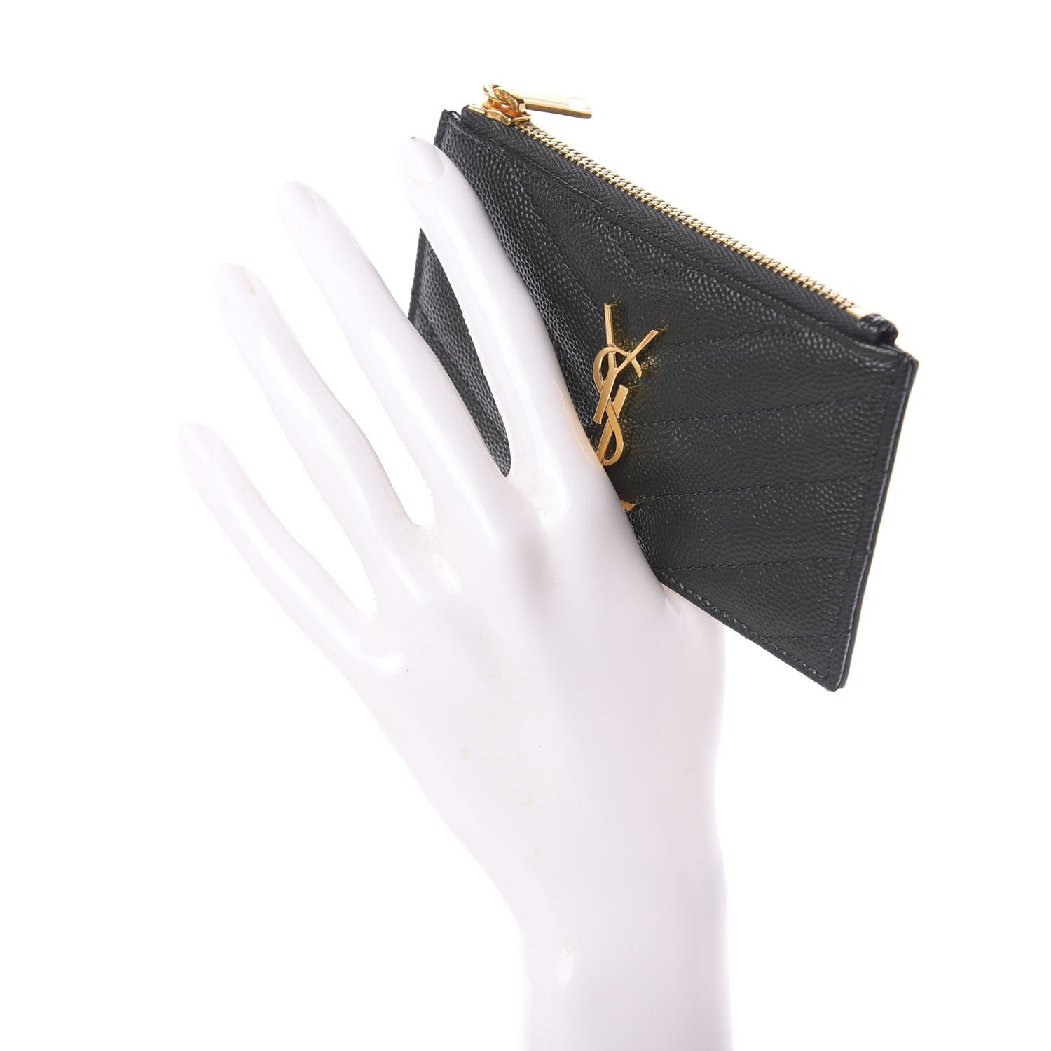 Saint Laurent Grain De Poudre Matelasse Chevron Monogram Fragments Zippered Card Case Dark Mint 2 of 6