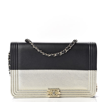 Chanel Metallic Goatskin Lambskin Boy Wallet on Chain WOC Black Gold 2 of 13