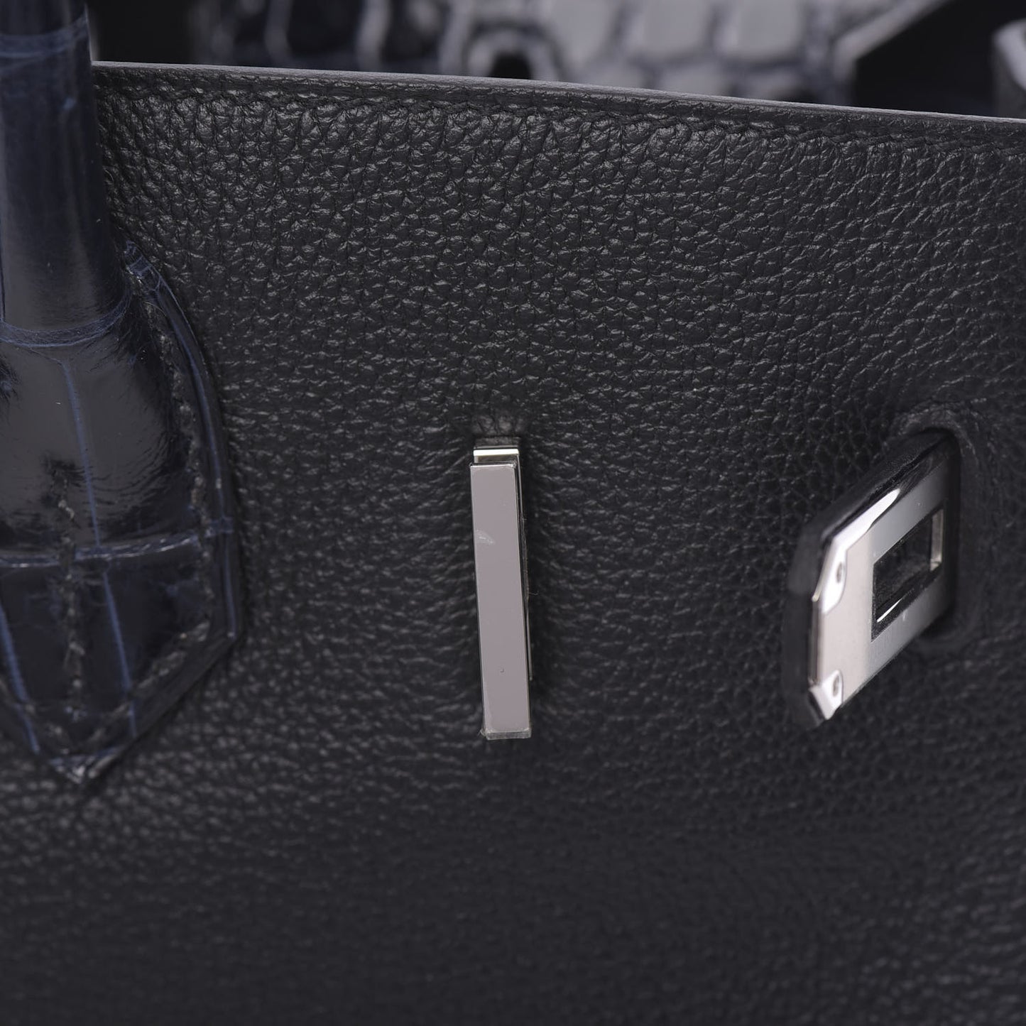 Taurillon Novillo Shiny Niloticus Crocodile Birkin Touch 30 Black Bleu Marine