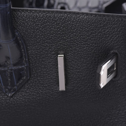 Hermes Taurillon Novillo Shiny Niloticus Crocodile Birkin Touch 30 Black Bleu Marine 19 of 38