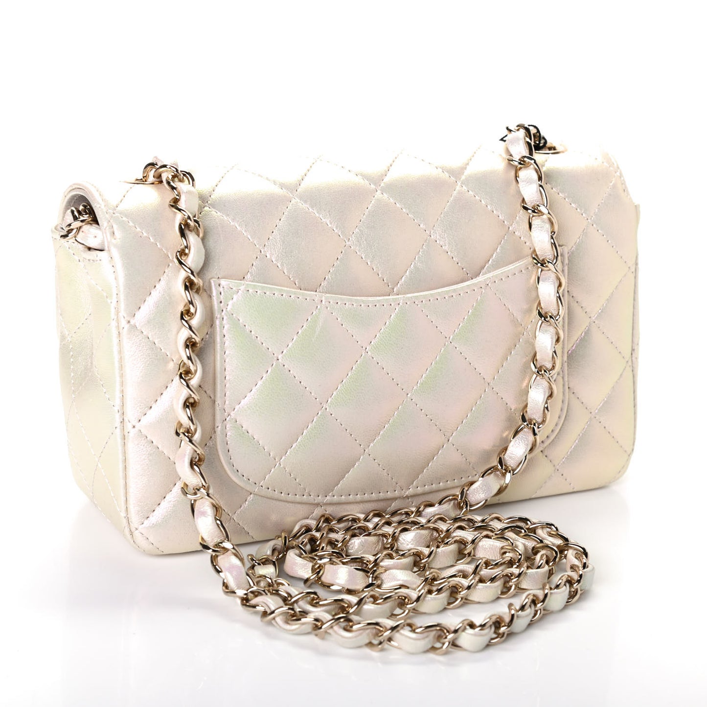 Iridescent Lambskin Quilted Mini Rectangular Flap Ivory