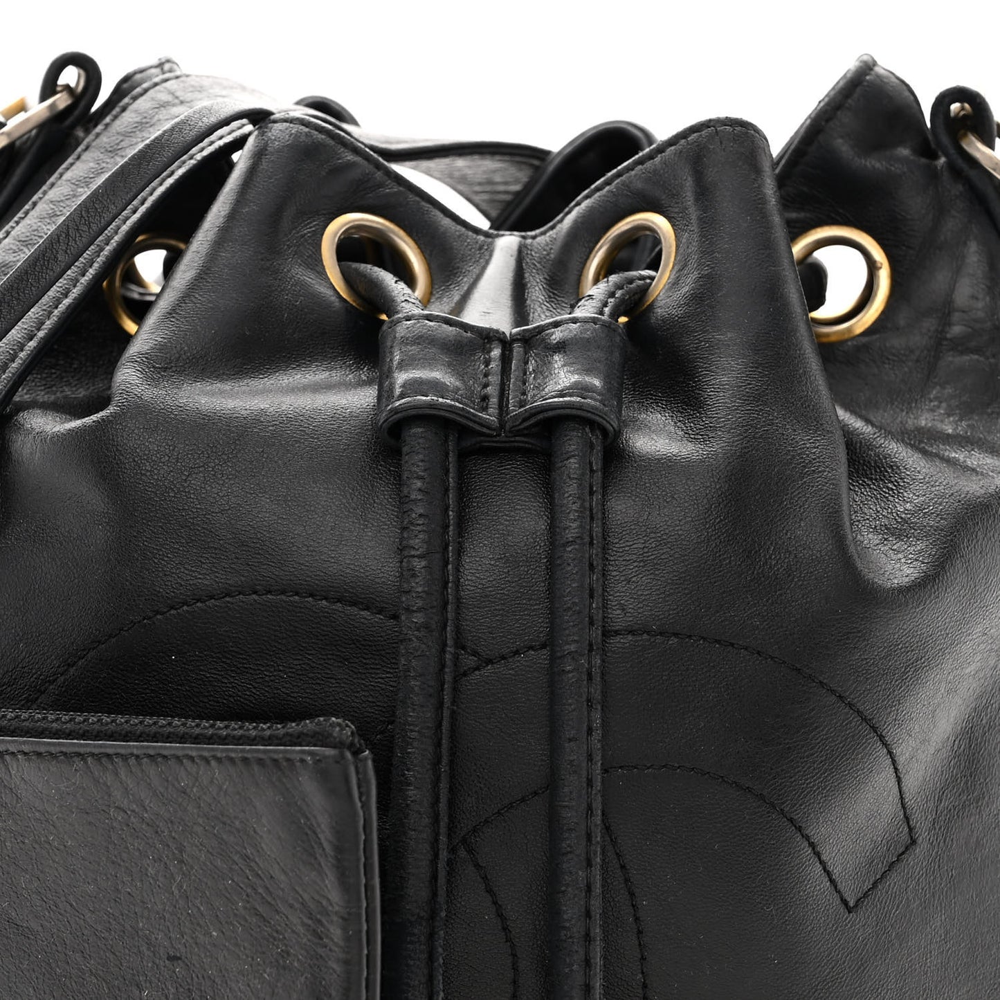 Lambskin CC Stitched Drawstring Bucket Bag Black