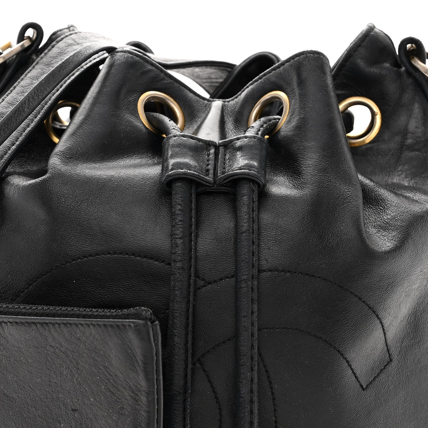 Chanel Lambskin CC Stitched Drawstring Bucket Bag Black 7 of 12
