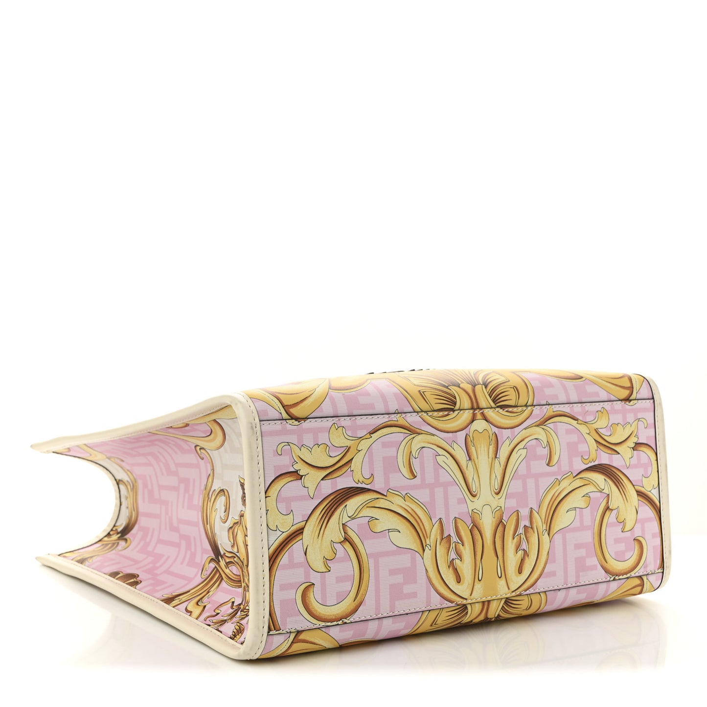 X VERSACE Calfskin Plexiglass Fendace FF Baroque Print Medium Fendi Sunshine Shopper Tote Gold Rosa White Ice Ciad
