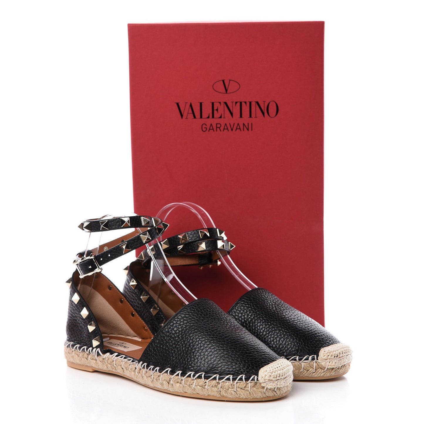 Grained Calfskin Rockstud Ankle Wrap Espadrille 20mm Flats 36 Black Light Cuir Natural
