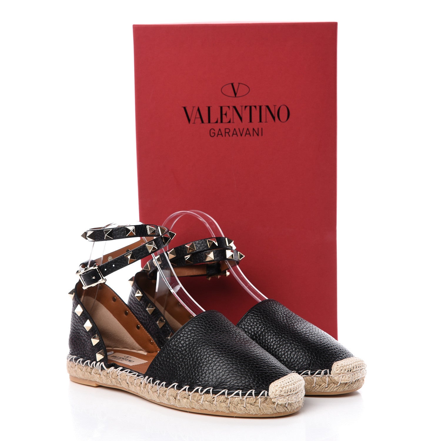 Valentino Garavani Grained Calfskin Rockstud Ankle Wrap Espadrille 20mm Flats 36 Black Light Cuir Natural 8 of 8