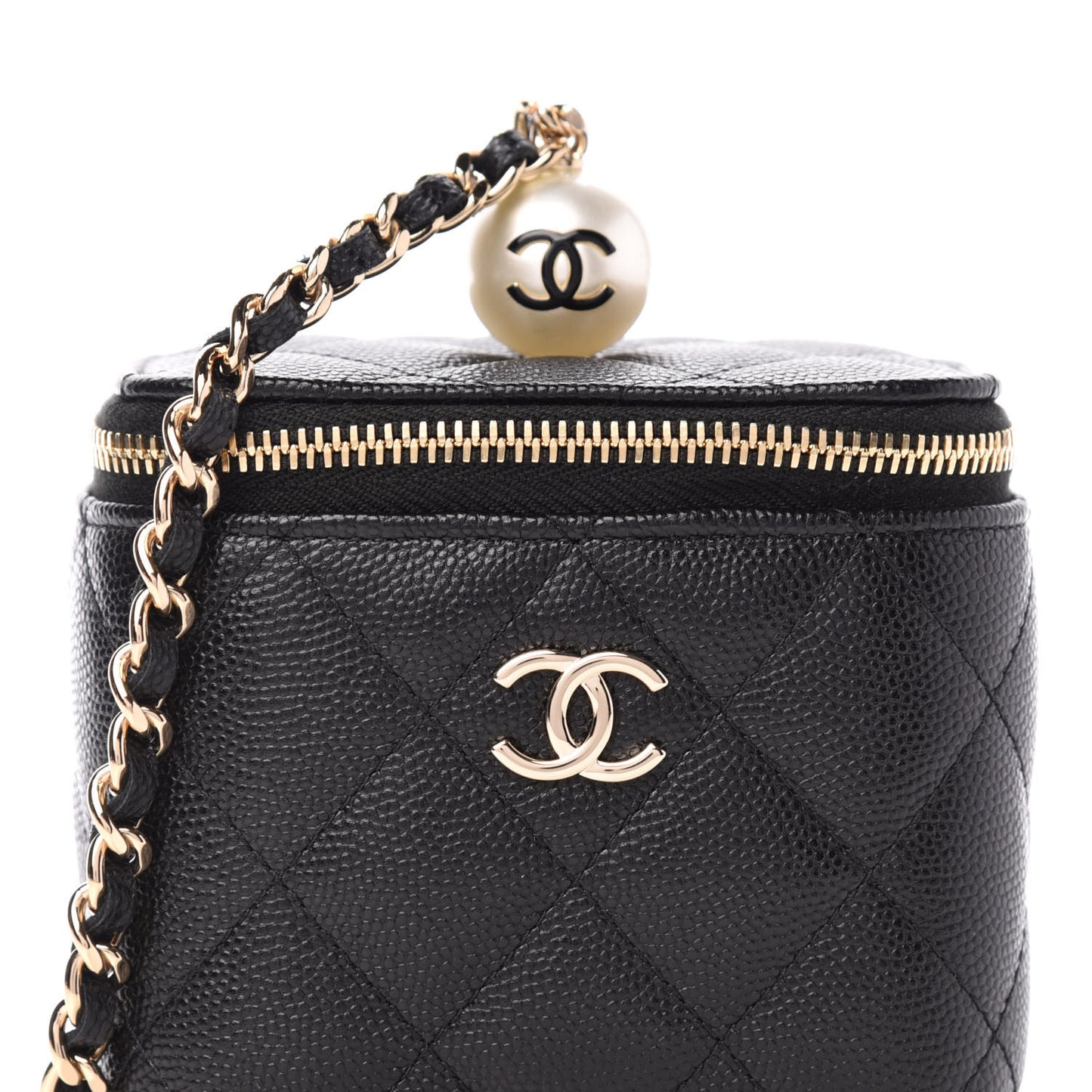 Caviar Quilted Mini Pearl On Top Vanity Case With Chain Black
