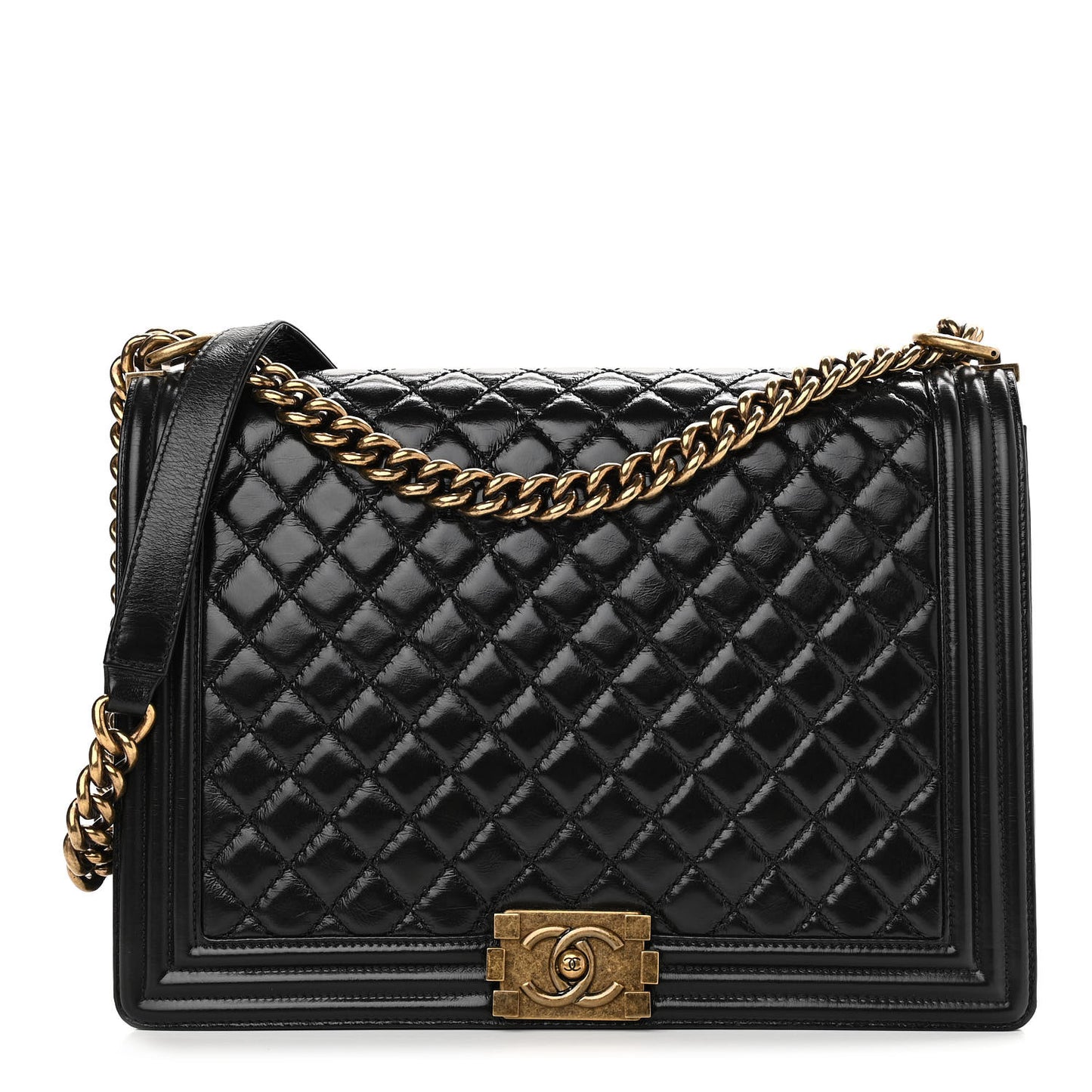 Glazed Calfskin Quilted Large Boy Flap Black