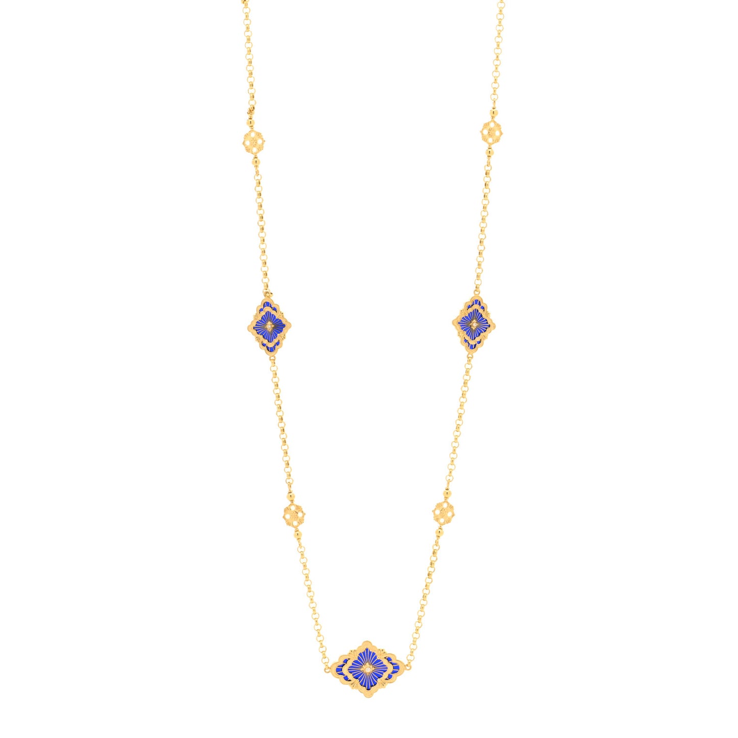 18K Yellow Gold Diamond Enamel Opera Tulle Necklace Blue
