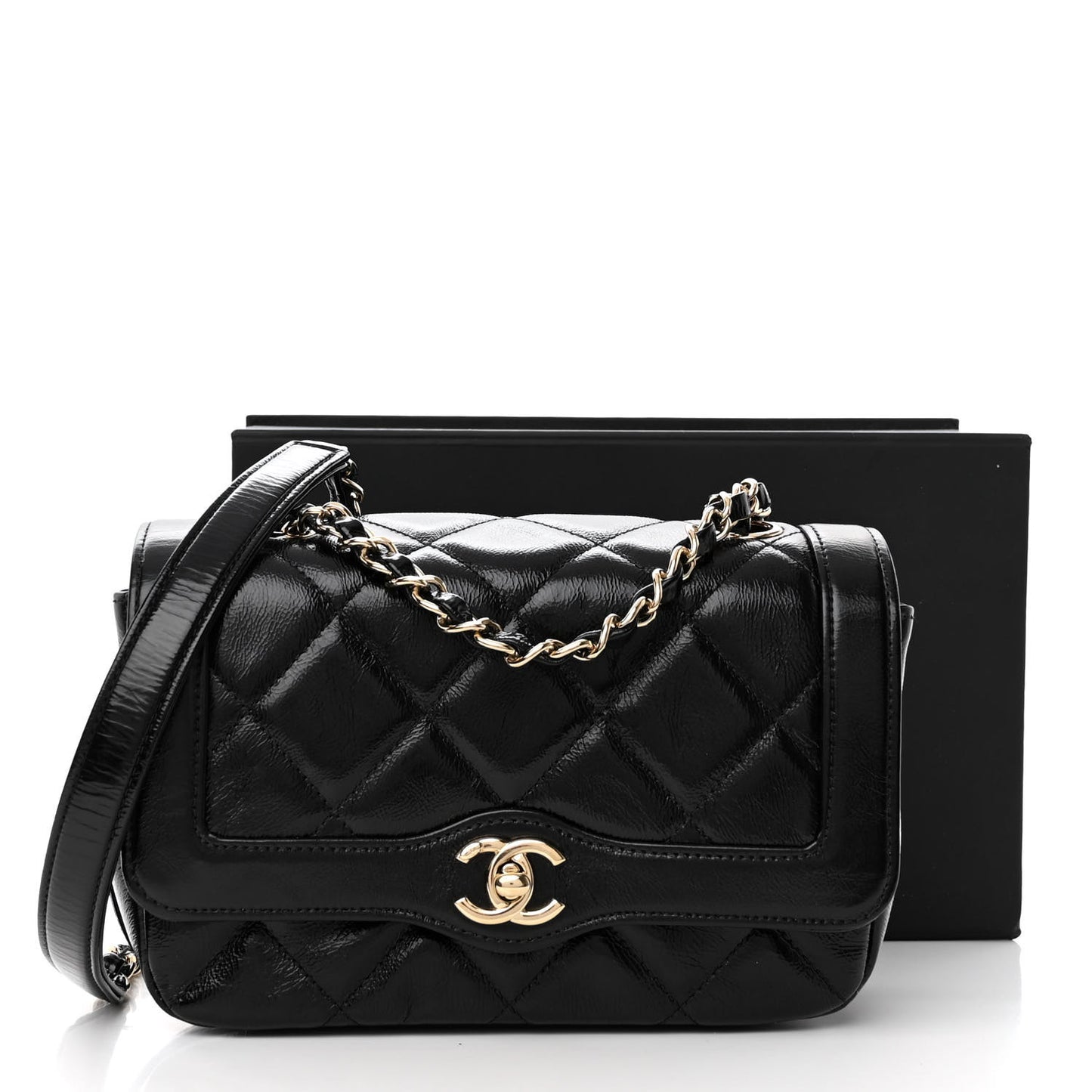 Crumpled Glazed Lambskin Quilted Mini Flap Black
