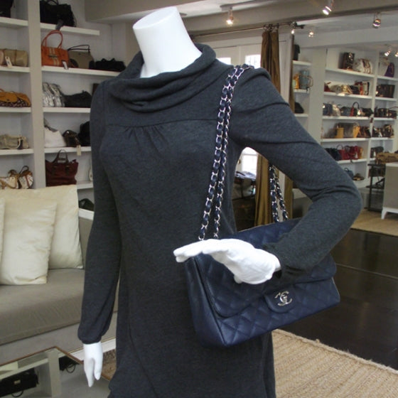 Caviar JUMBO Classic Flap Dark Navy Blue