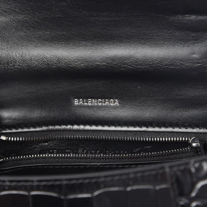 Balenciaga Shiny Calfskin Monochrome Crocodile Embossed Small Hourglass Top Handle Bag Black 6 of 12