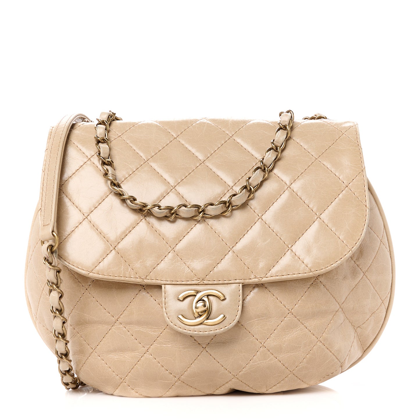 Glazed Calfskin Quilted Medium Bubble CC Flap Beige