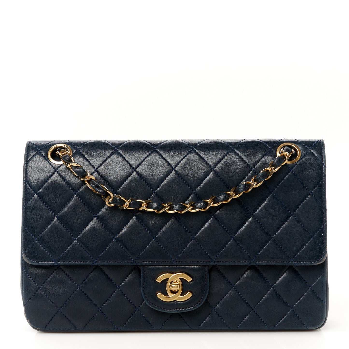 Lambskin Quilted Medium Double Flap Navy
