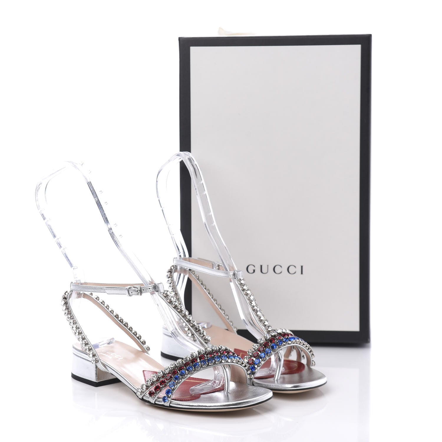 Gucci Nappa Silk Crystal Bertie T-Strap Low Heel Sandals 35.5 Argento 8 of 8