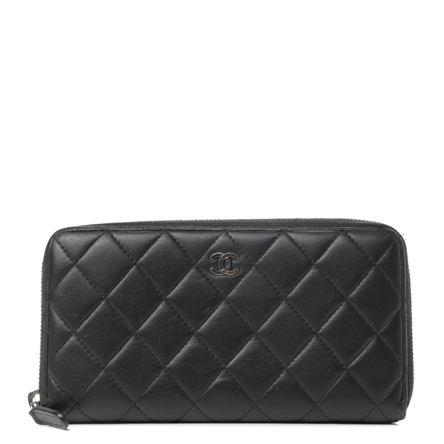 Lambskin Quilted Large Gusset Zip Around Wallet Black