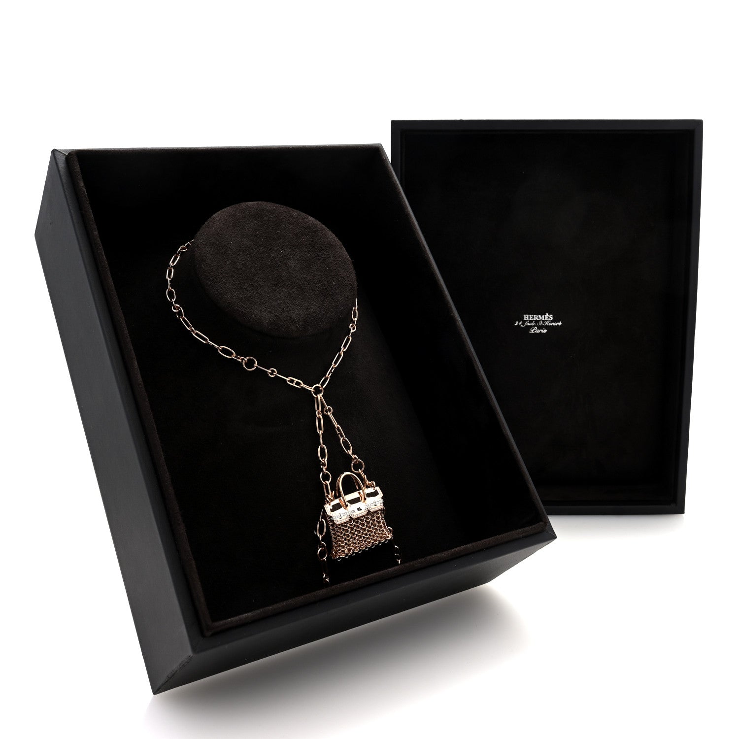Hermes 18K Rose White Gold Diamond Precieux Birkin Long Necklace 4 of 4