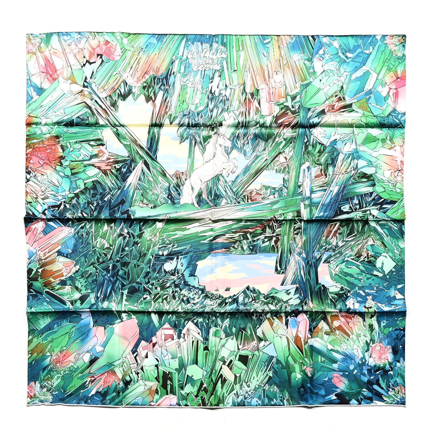Silk Twill La Vallee De Cristal Scarf 90 Vert Vif Rose Bleu