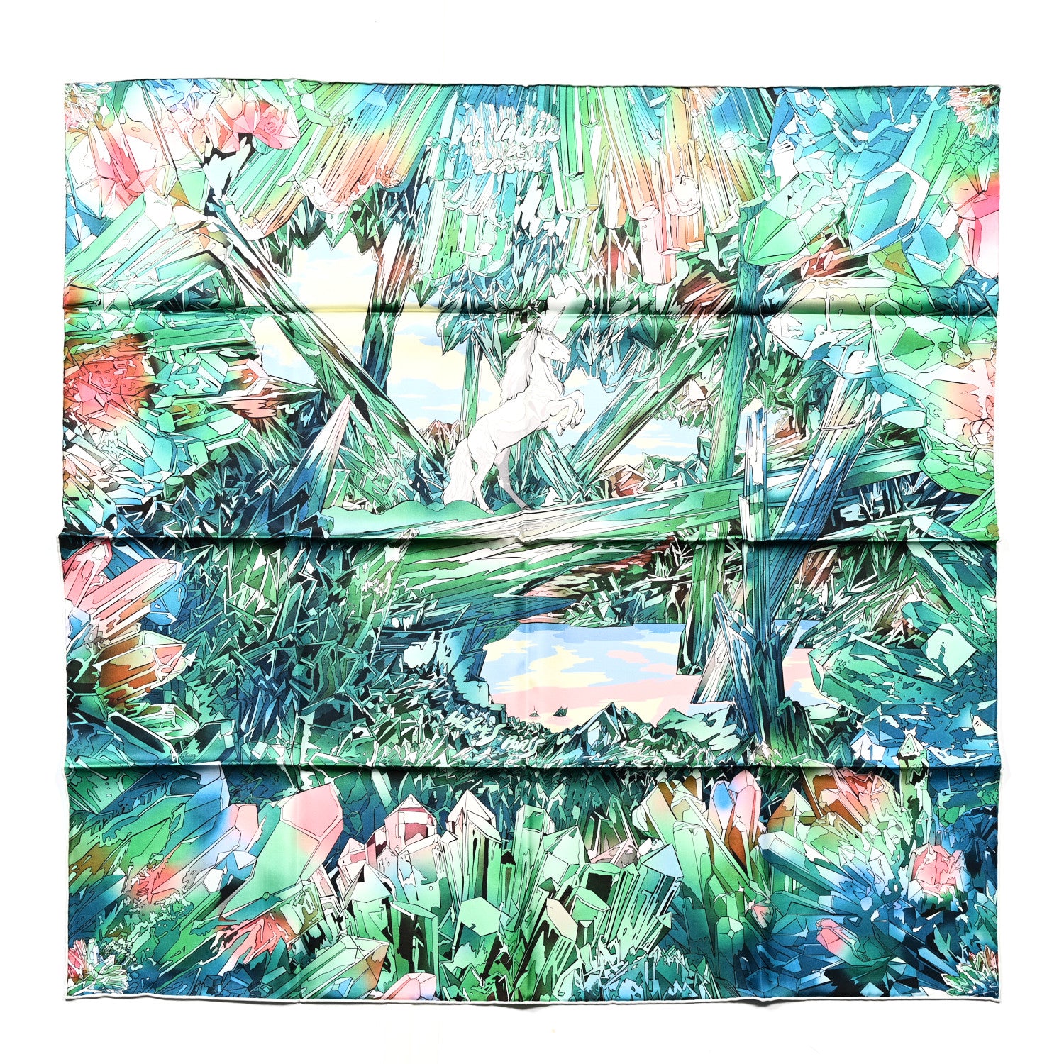 Hermes Silk Twill La Vallee De Cristal Scarf 90 Vert Vif Rose Bleu 1 of 6