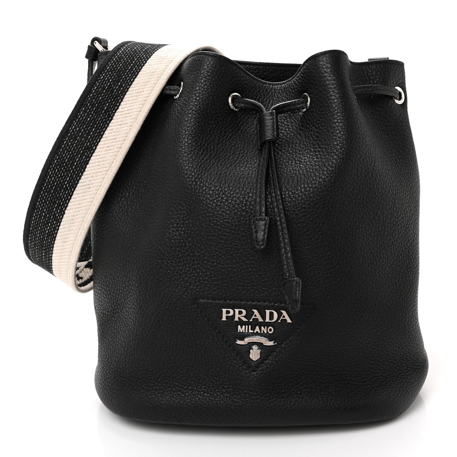Prada Vitello Daino Soft Drawstring Bucket Bag Black 1 of 9