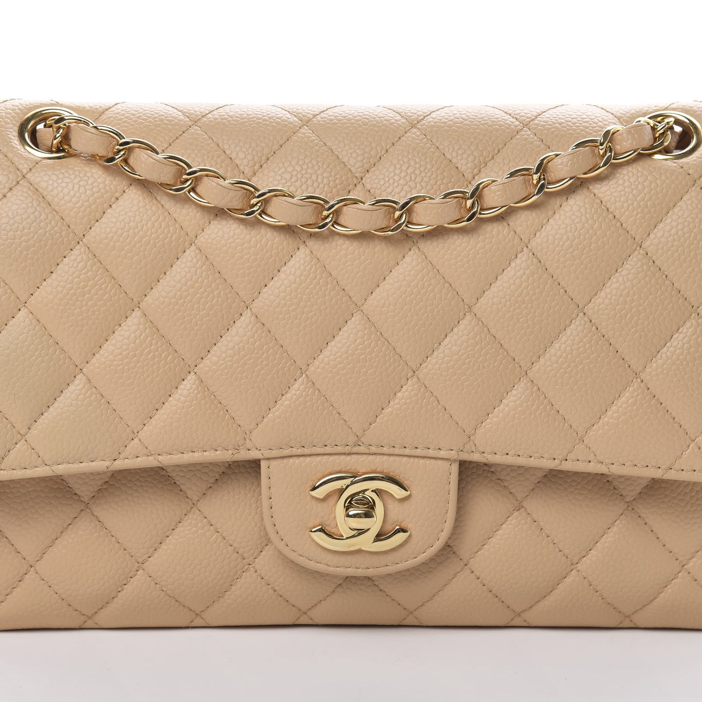Caviar Quilted Medium Double Flap Beige