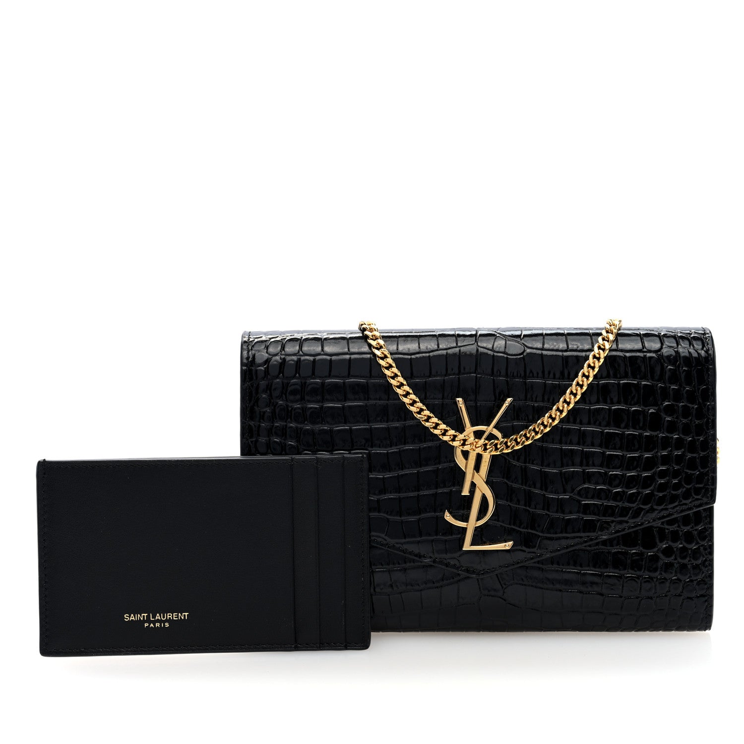 Saint Laurent Calfskin Crocodile Embossed Monogram Uptown Chain Wallet Black 3 of 10