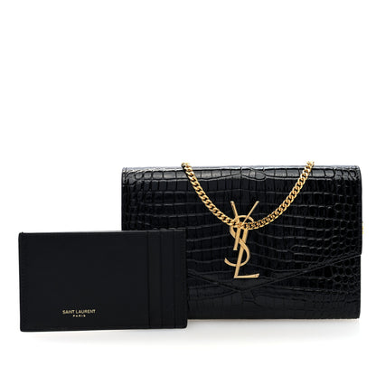 Saint Laurent Calfskin Crocodile Embossed Monogram Uptown Chain Wallet Black 3 of 10