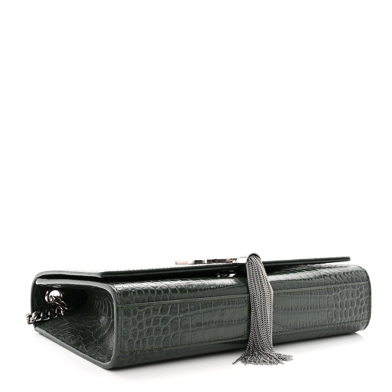 Saint Laurent Calfskin Crocodile Embossed Medium Classic Monogram Kate Tassel Satchel Dark Mint 4 of 10