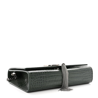 Saint Laurent Calfskin Crocodile Embossed Medium Classic Monogram Kate Tassel Satchel Dark Mint 4 of 10