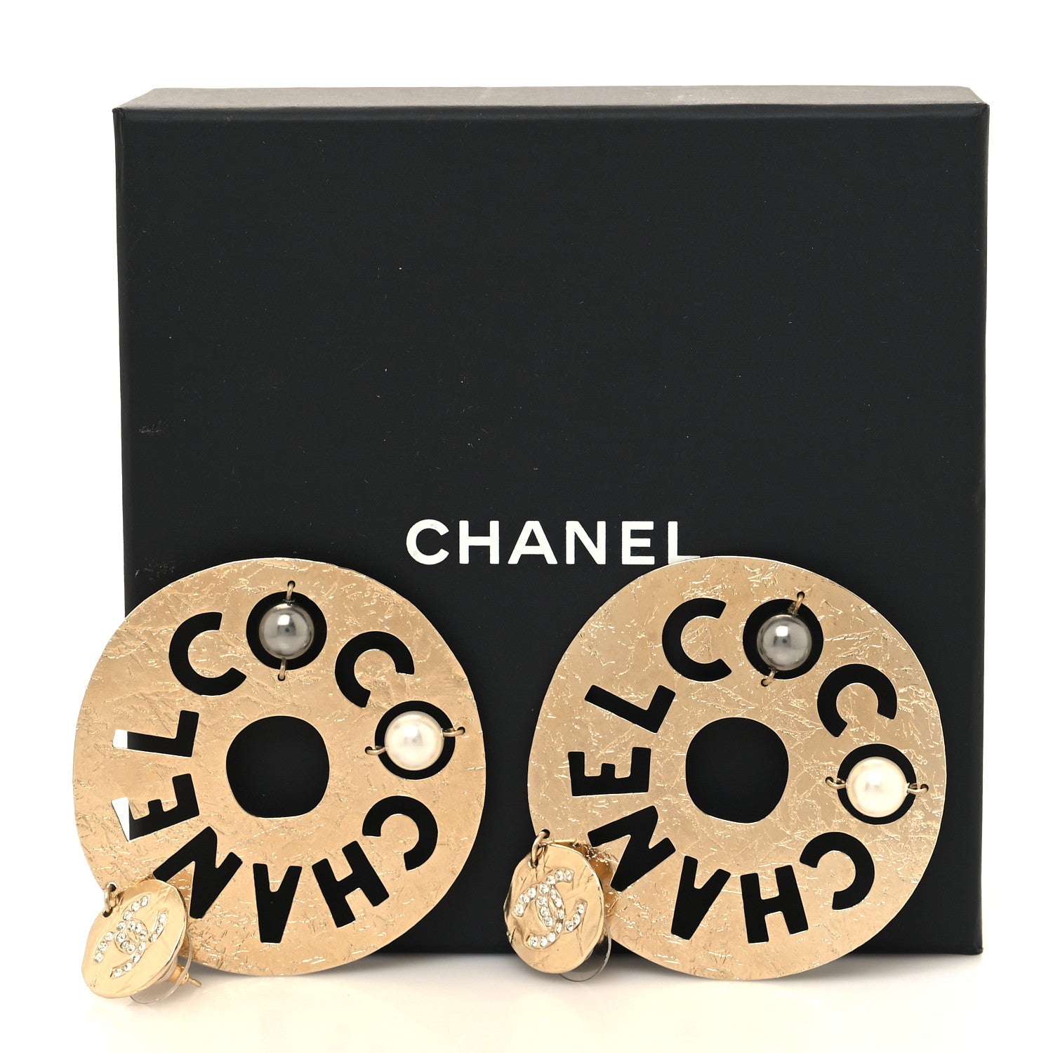 Chanel Crystal Pearl CC Papyrus Drop Earrings Gold Grey 5 of 5