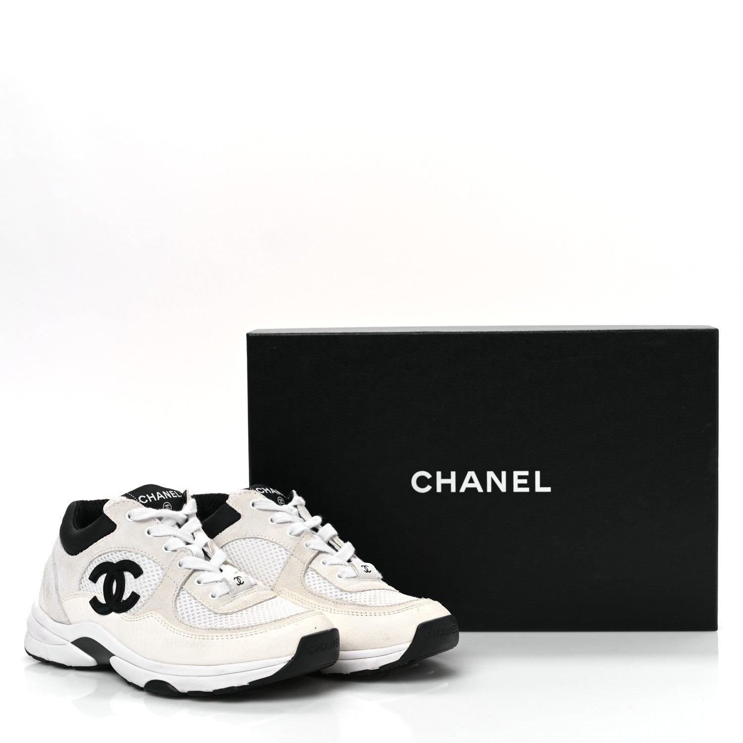 Chanel Mesh Suede Calfskin Grained Calfskin Womens CC Sneakers  36 White Black 10 of 10