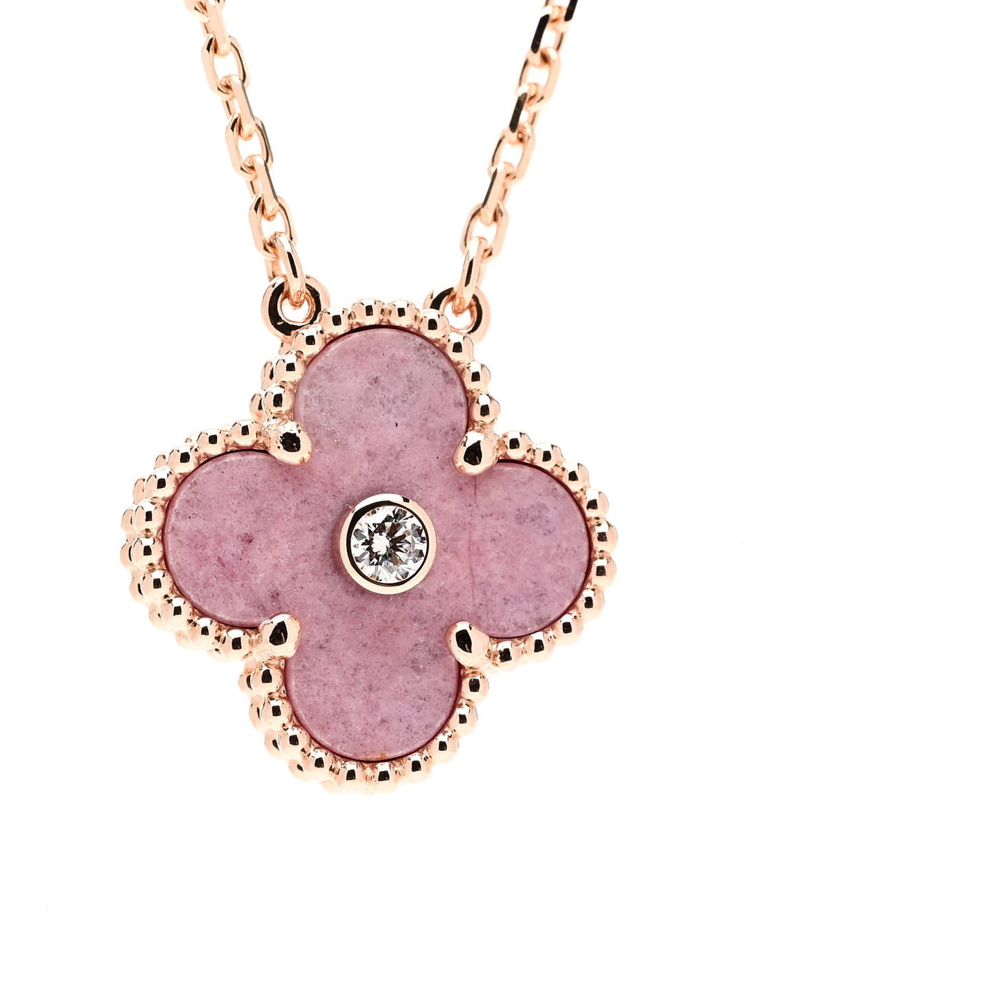 18K Rose Gold Diamond Rhodonite Vintage Alhambra Pendant Necklace