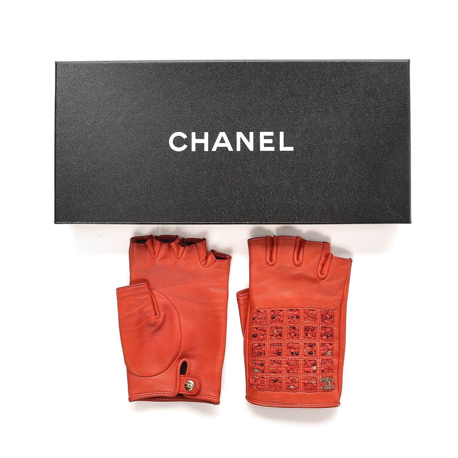 Chanel Lambskin Tweed Fingerless Gloves 7 Red 8 of 8